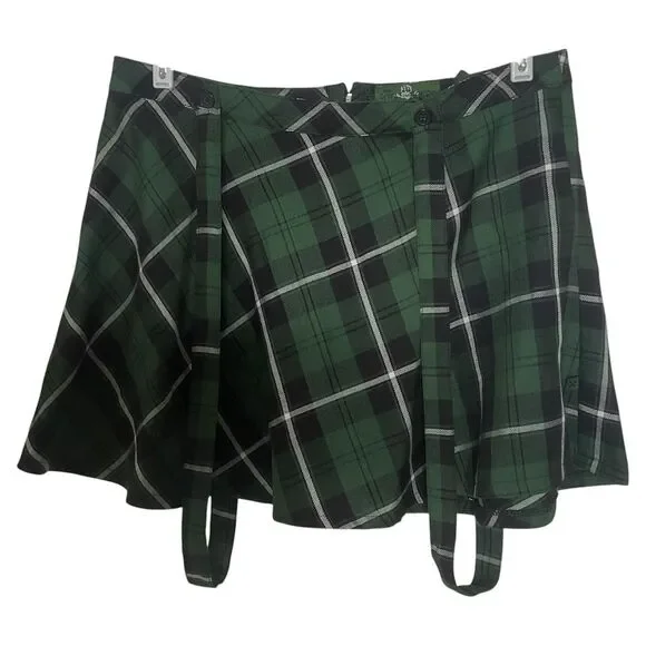 Royal Bones by Tripp NYC Green Plaid Suspender Skirt Size Large - Picture 2 of 4